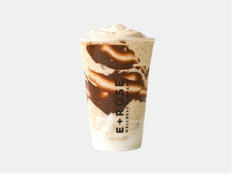 Cowboy Cloud smoothie — chocolate and vanilla swirl in an E+ROSE branded cup